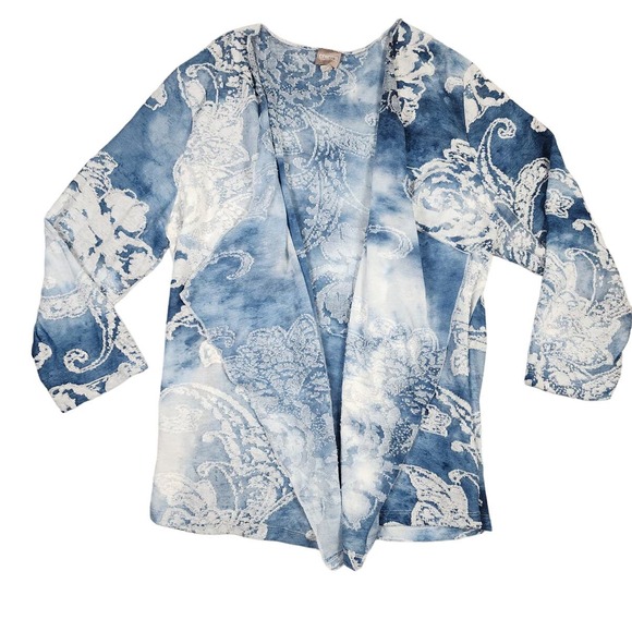 Chico's Sz L Blue Floral Paisley Waterfall Front Boho Beachy Cardigan Sweater - Picture 1 of 10
